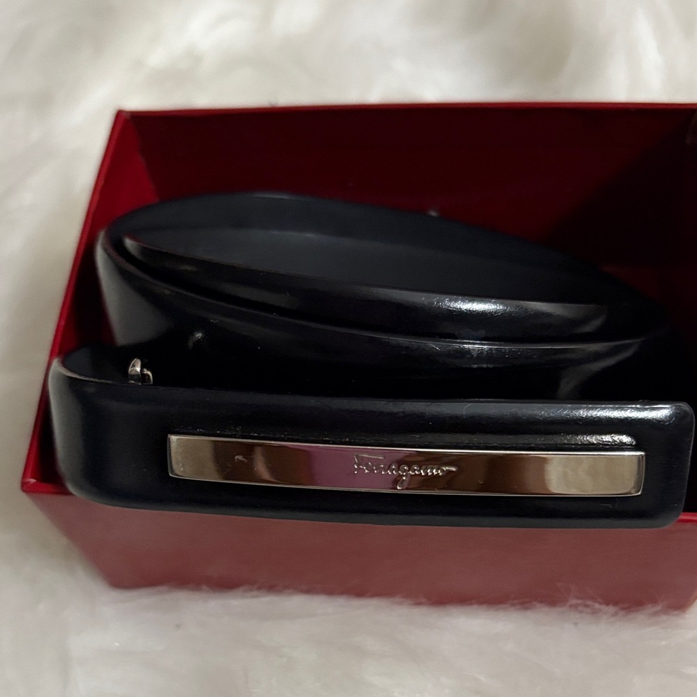 Ferragamo Black Leather Belt with Silver Buckle
